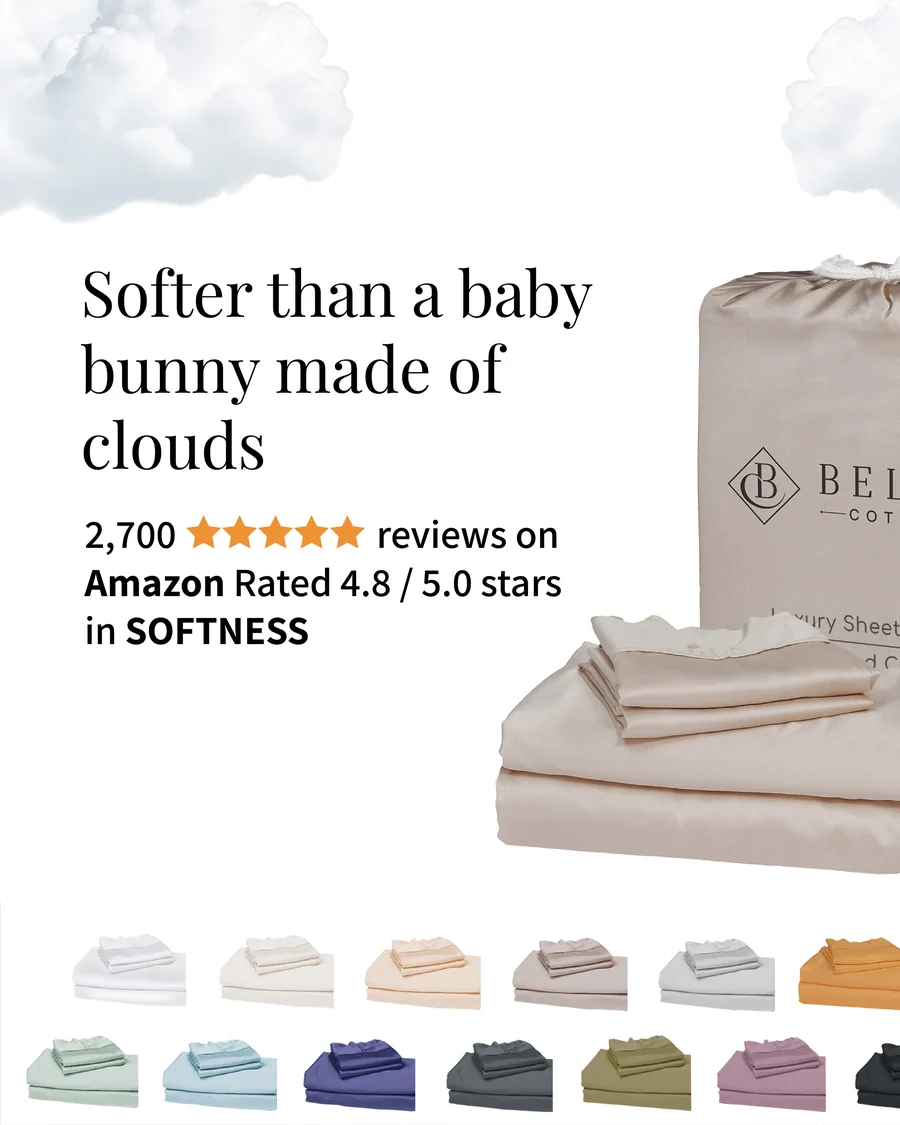 Bella Coterie ad: a bamboo sheet set headlined “Softer than a baby bunny made of clouds.”