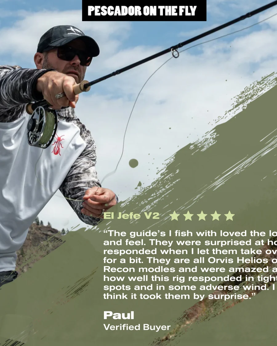 Pescador on the Fly ad: a fly fisherman casting, beside a five-star verified-buyer review of the El Jefe V2 rod.